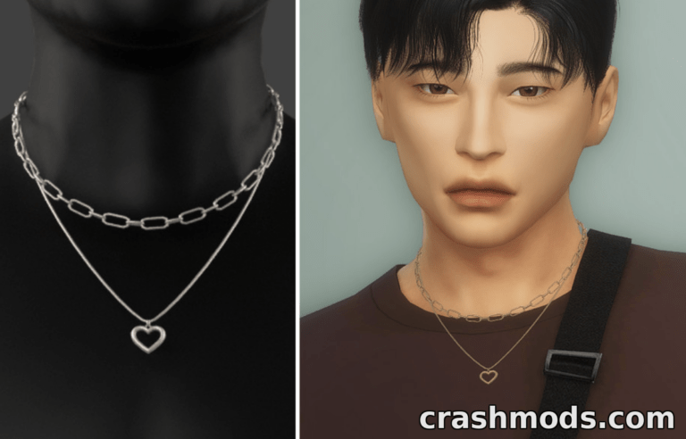 Stylish male Sim wearing the "Darling Necklace" mod, featuring layered silver chains and a heart pendant.