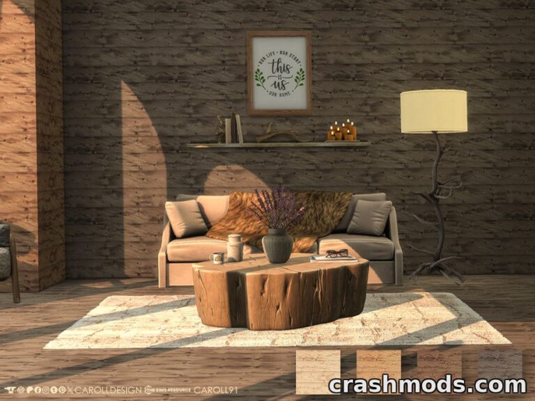 Cozy living room scene featuring a wooden wall, modern sofa, and a rustic coffee table with decorative elements.