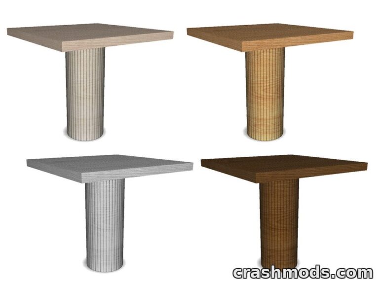 Four variations of a modern dining table for The Sims 4, showcasing different wood textures and colors.