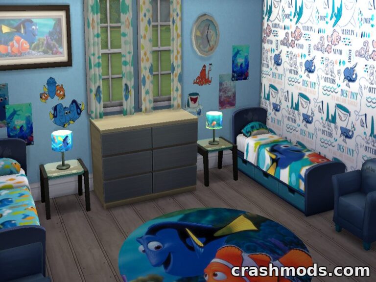 Brightly decorated child’s room inspired by Finding Dory, featuring themed beds, colorful decor, and ocean motifs.