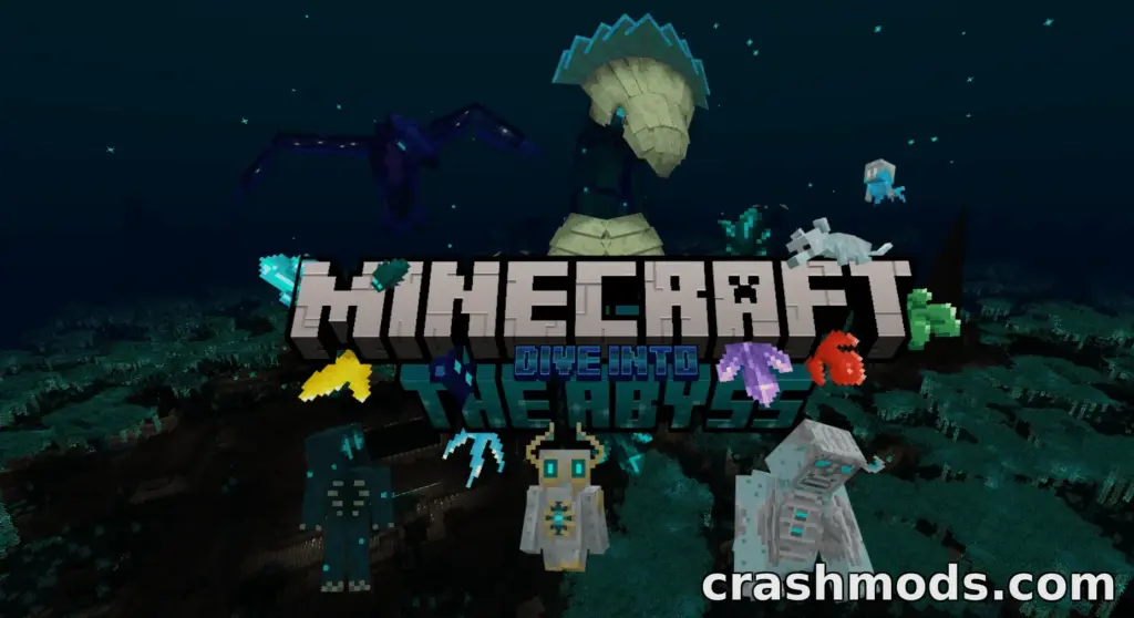 Minecraft mod "Dive Into the Abyss" showcases vibrant underwater creatures and a mysterious abyssal landscape.