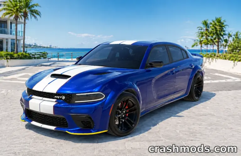 A vibrant blue 2025 Dodge Charger Sport mod for BeamNG.drive, showcased against a sunny coastal backdrop.