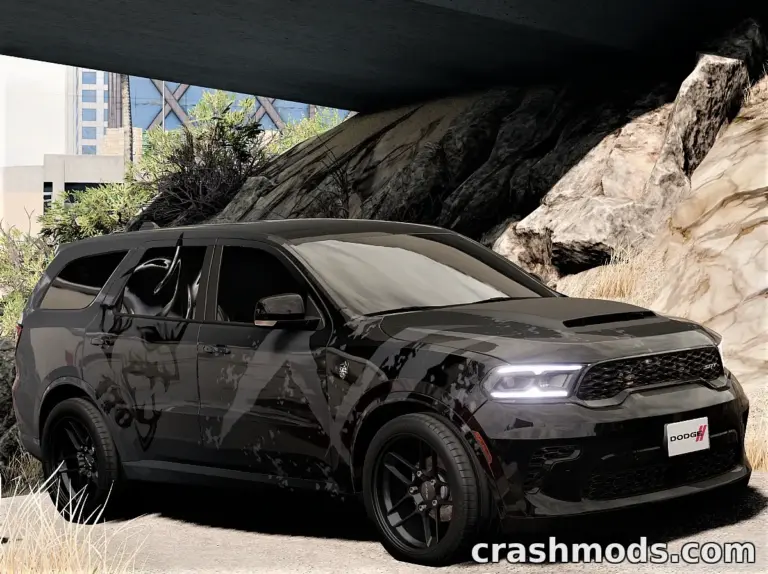 A sleek black 2016 Dodge Durango parked under a bridge, showcasing its detailed mod features for BeamNG.drive.
