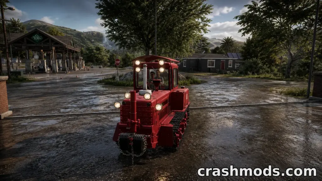 A vibrant red DT-75 tractor navigates a rural landscape in Farming Simulator 19, showcasing detailed modding features.