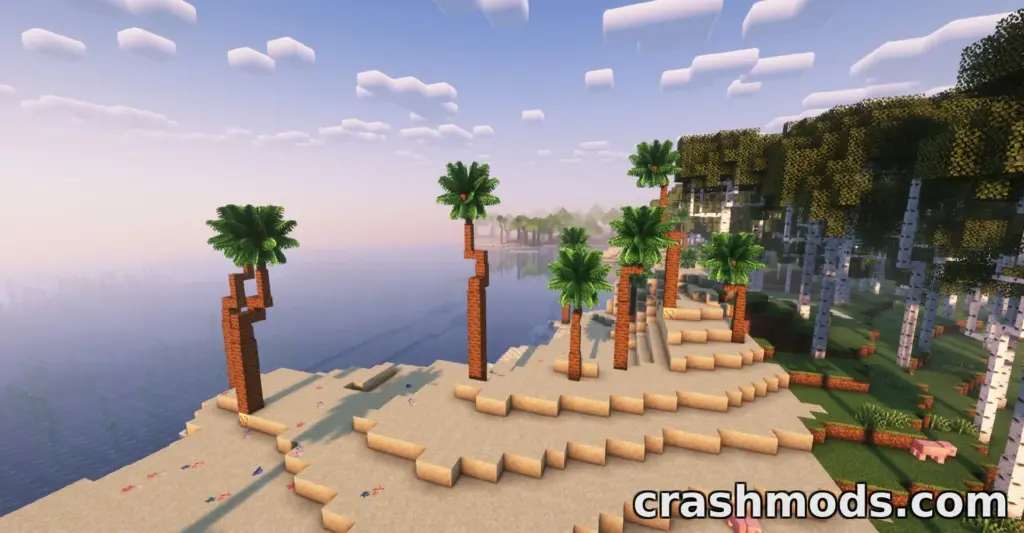 Dynamic Trees mod enhances a serene beach scene in Minecraft, featuring palm trees swaying by the water's edge.
