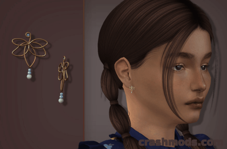 A close-up of a Sims 4 character showcasing stylish butterfly earrings from the "Earrings Kids" mod.