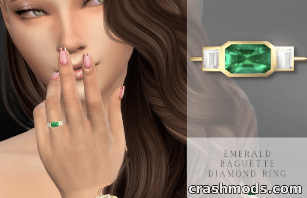 A Sims 4 character showcases the elegant Emerald Baguette Diamond Ring, highlighting its stunning green gem.