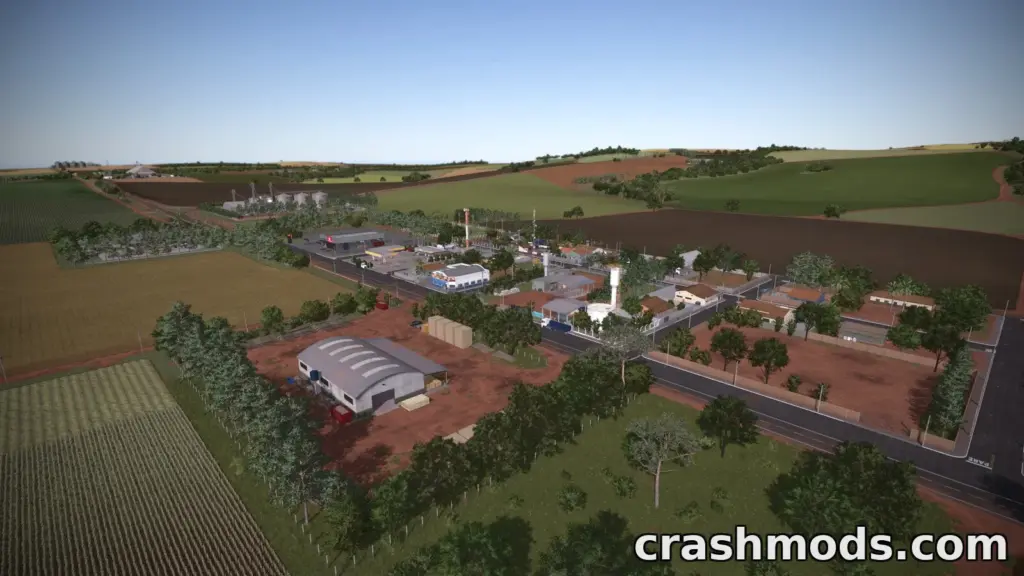 Aerial view of the Estância São Carlos mod, showcasing detailed farmland, buildings, and rural landscape in Farming Simulator 25.