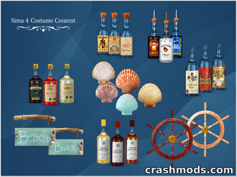 Colorful beach bar decor items for The Sims 4, featuring bottles, shells, and nautical-themed signs.