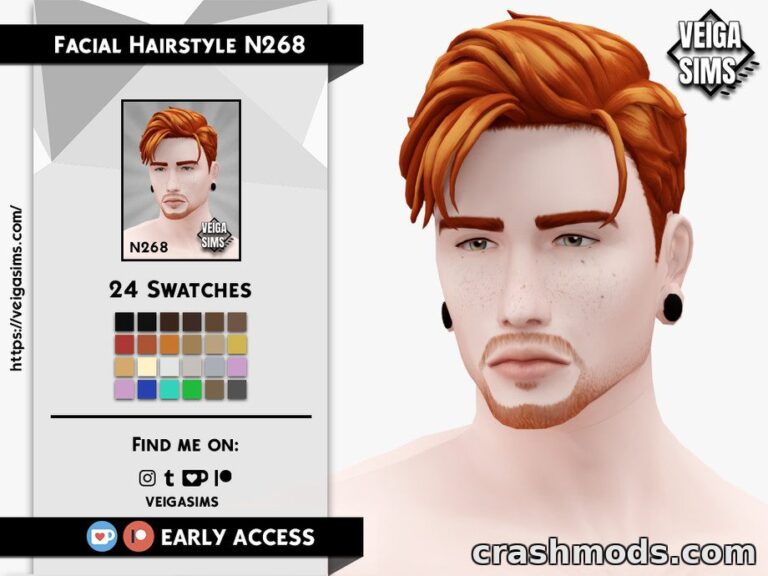 Stylish male hairstyle N268 for The Sims 4, featuring 24 color swatches and a detailed facial design.
