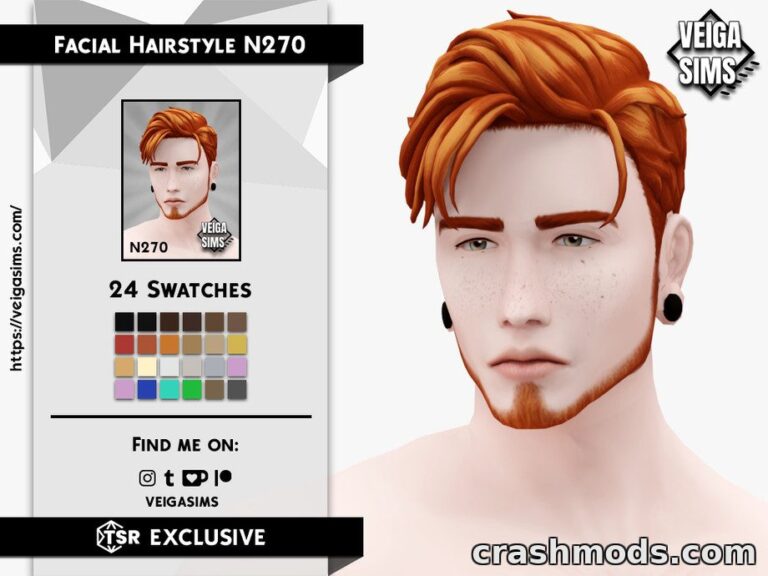 Showcases the "Facial Hair Style N270" mod for The Sims 4, featuring a male sim with stylish red hair and beard options.