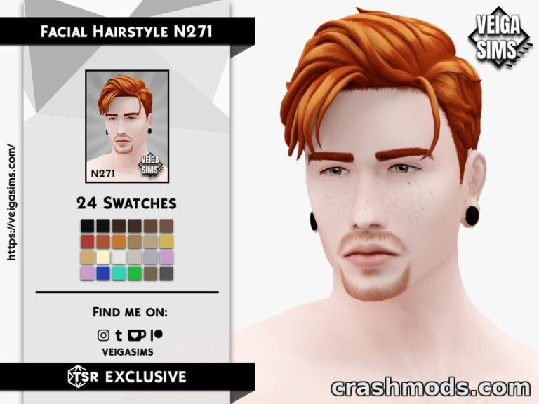 Showcases the "Facial Hair Style N271" mod for The Sims 4, featuring a male sim with stylish red hair and various swatches.