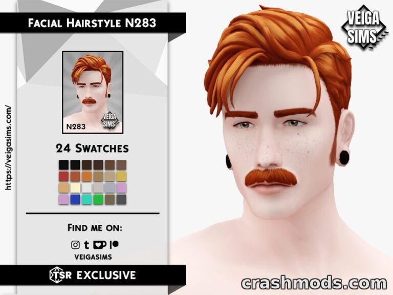 A male Sim showcases the "Facial Hairstyle N283" mod with vibrant orange hair and a stylish mustache. 24 swatches available.