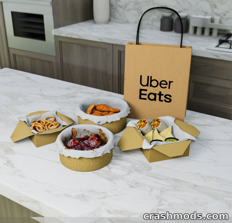 A stylish takeout bag with various fast food containers, showcasing delicious dishes from the "Fast Food Set" mod for The Sims 4.