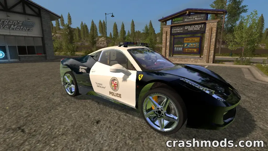 Ferrari 458 LAPD police car mod showcased in Farming Simulator 17, parked near a dealership in a rural setting.