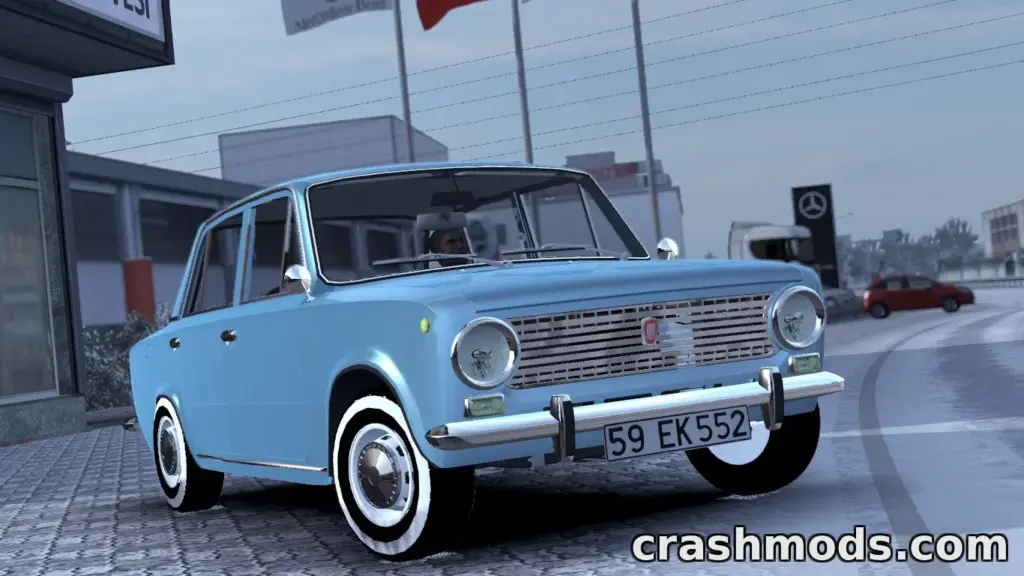 A classic blue Fiat 124 parked in a realistic urban setting in Euro Truck Simulator 2.