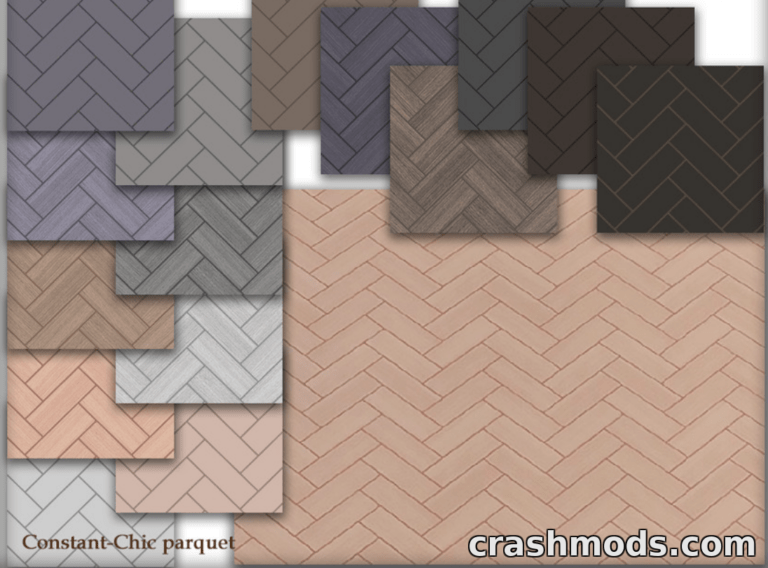 Various parquet floor designs from the "[floor Constant-Chic] Parquet" mod for The Sims 4, showcasing diverse colors and textures.