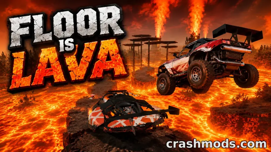 Off-road vehicles navigate a fiery lava landscape in the "Floor is Lava" mod for BeamNG.drive.
