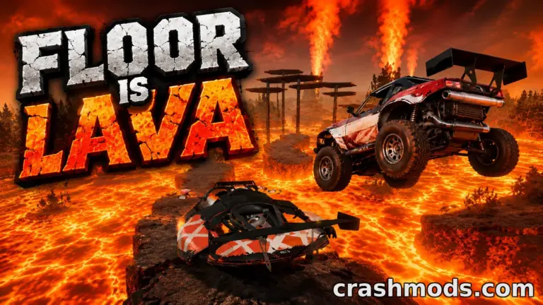 Off-road vehicles navigate a fiery lava landscape in the "Floor is Lava" mod for BeamNG.drive.