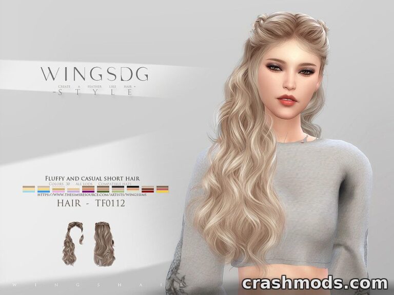 A Sims 4 character showcases the "Fluffy and Casual Short Hair" mod, featuring soft, wavy locks and a stylish outfit.