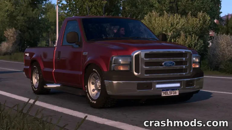 Red Ford F250 pickup truck driving along a scenic road in Euro Truck Simulator 2, showcasing detailed modding features.