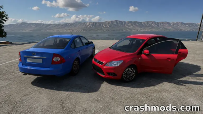 Two Ford Focus II cars, one blue and one red, parked side by side with scenic mountains in the background.