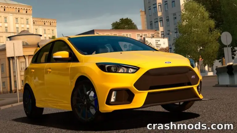 A vibrant yellow 2017 Ford Focus RS parked in a city environment, showcasing its sporty design and sleek lines.