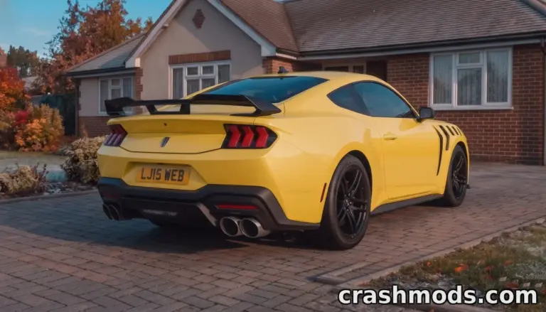 Bright yellow Ford Mustang 2025 parked in front of a house, showcasing its sleek design and sporty rear features.