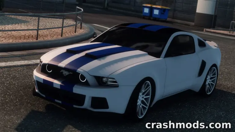 A modified Ford Mustang with blue racing stripes parked on a city street in Euro Truck Simulator 2.