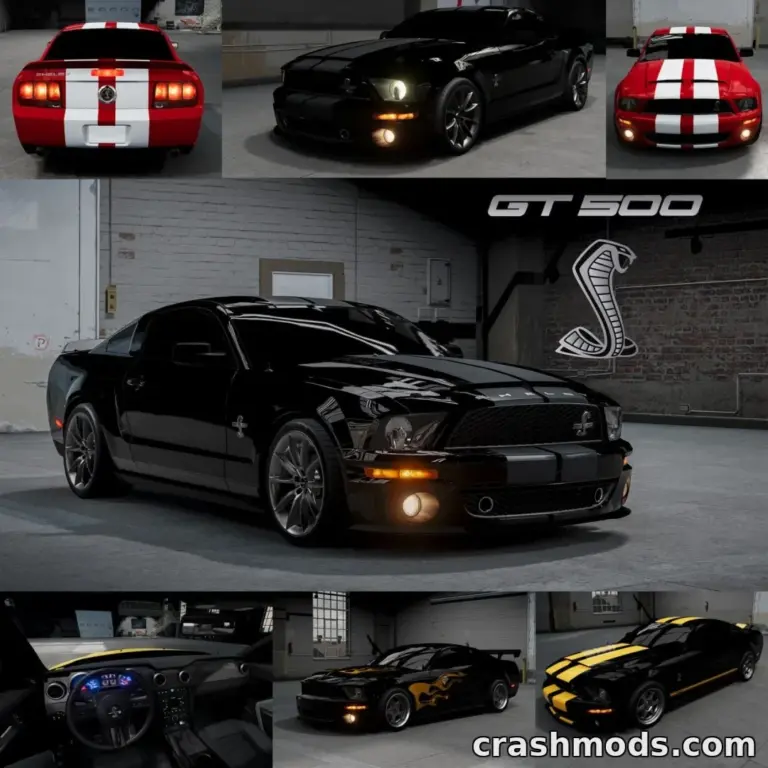 Showcasing the Ford Mustang Shelby GT500 mod for BeamNG.drive, featuring sleek designs and custom paint jobs.