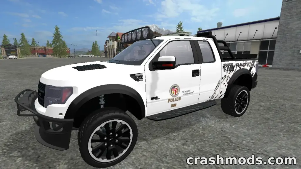 Ford Raptor F-150 Police mod for Farming Simulator 17, showcasing a detailed police truck with custom wheels.