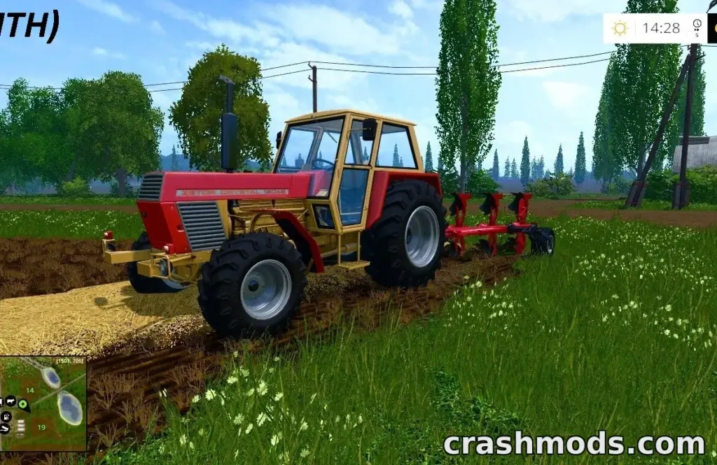 A red tractor plows a field in Farming Simulator 15, showcasing the FS 15 RESHADE mod's enhanced graphics.