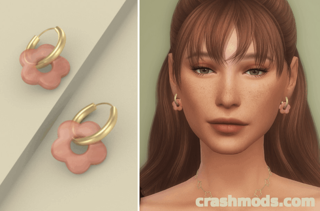 Stylish Giada Earrings for The Sims 4, featuring pink flower designs and gold hoops, enhancing your sim's look.