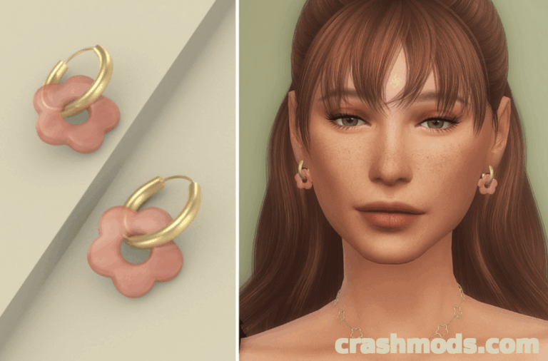 Stylish Giada Earrings for The Sims 4, featuring pink flower designs and gold hoops, enhancing your sim's look.