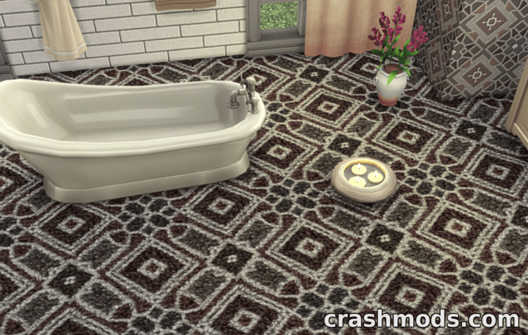 Stylish off-white snow floor design featuring a vintage bathtub and decorative pet bowls in a cozy bathroom setting.