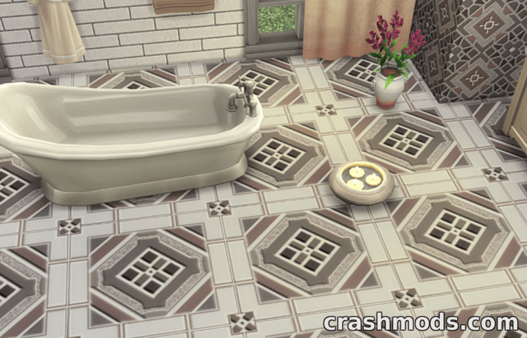 Stylish bathroom featuring the "Granite Off-white Snow Floors 3" mod with intricate tile patterns and a vintage bathtub.