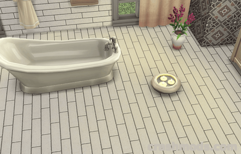 Stylish bathroom featuring off-white snow floors, a vintage bathtub, and a pet food bowl.