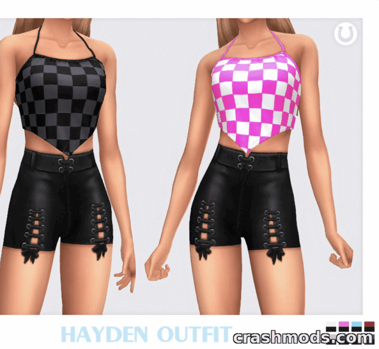 The Hayden Outfit features a stylish checkered crop top in black and pink, paired with edgy black shorts.