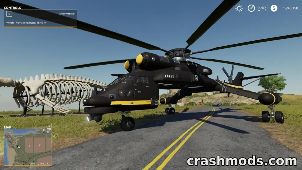 A heavy-lift helicopter mod for Farming Simulator 19, showcasing its detailed design and functionality on a rural road.