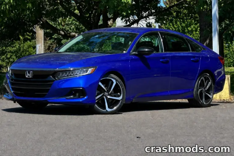 A blue 2019 Honda Accord parked on a sunny street, showcasing its sleek design and sporty wheels in BeamNG.drive.