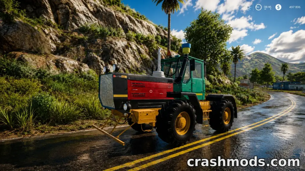 The HTZ-150K-D260 tractor showcases vibrant colors and detailed textures, parked on a scenic road in Farming Simulator 19.