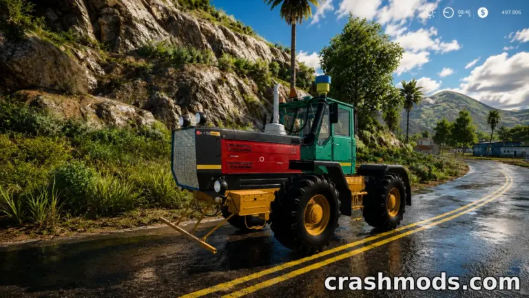 The HTZ-150K-D260 tractor showcases vibrant colors and detailed textures, parked on a scenic road in Farming Simulator 19.