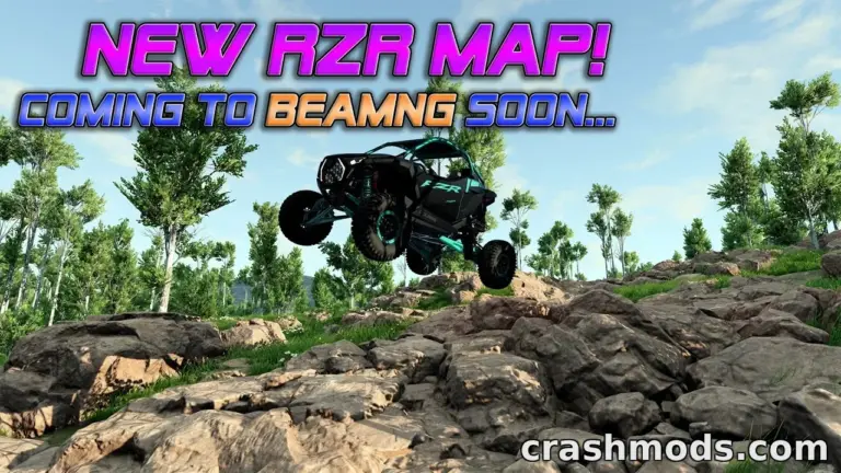A RZR vehicle jumps over rocky terrain in the new "Huramdown Off Road Park" mod for BeamNG.drive.