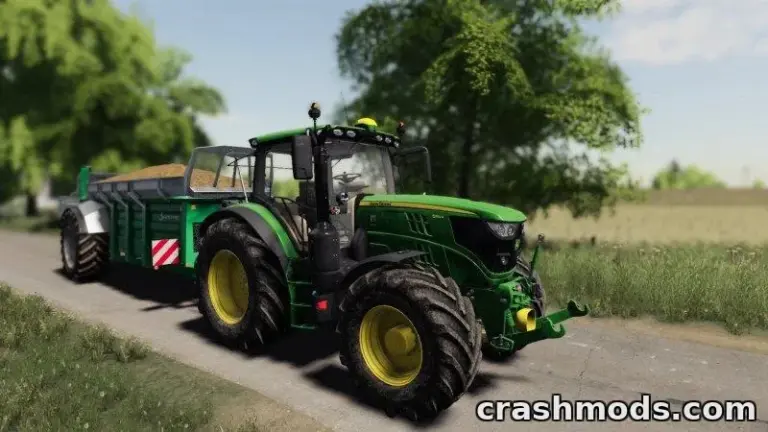 John Deere 6R tractor towing a trailer on a scenic country road in Farming Simulator 19.