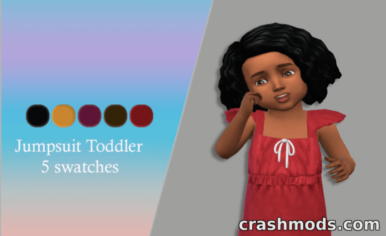A toddler in a red jumpsuit poses playfully, showcasing five color swatches for the "Jumpsuit Toddler" mod.