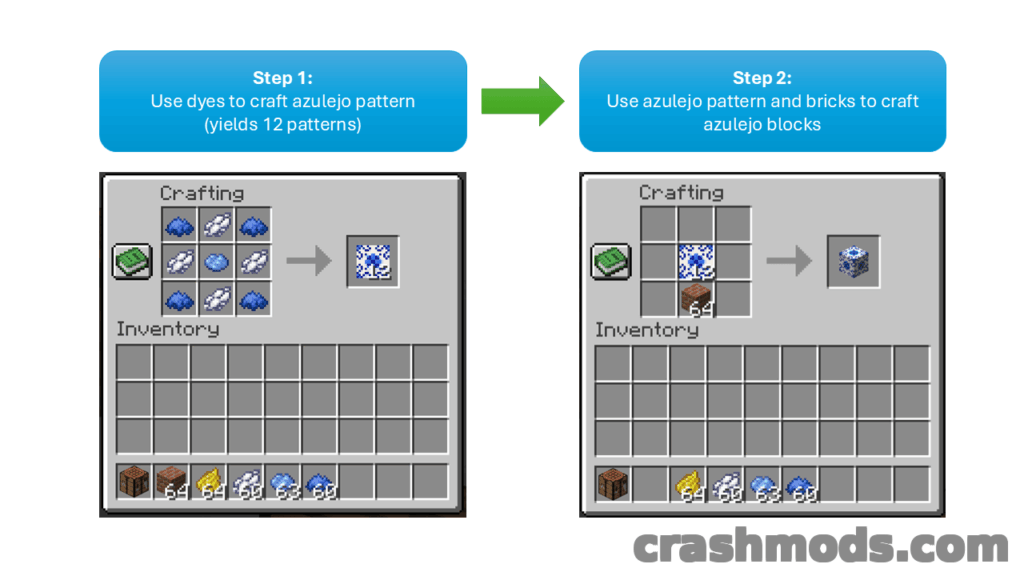 Crafting tutorial for "K8 Deco: Bricks & Tiles" mod in Minecraft, showing steps to create azulejo blocks.