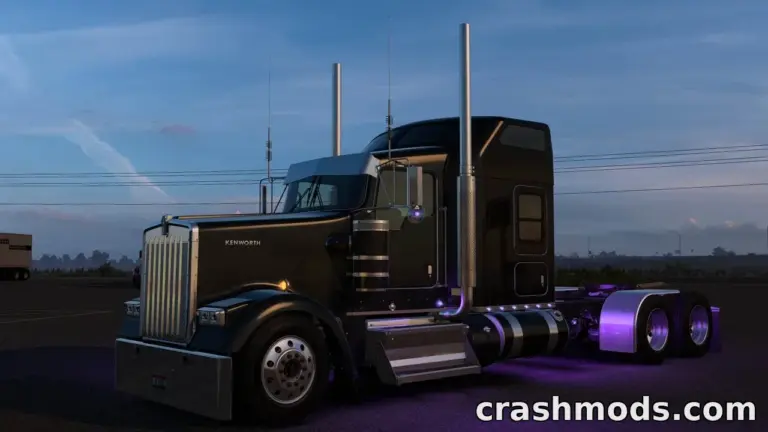 The Kenworth W900 truck mod showcases a sleek black design with vibrant purple underglow, set against a twilight backdrop.