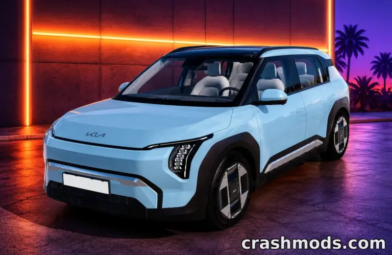 The Kia 4x4 Ev3 2025 Diamond mod showcases a sleek, modern SUV in a vibrant neon-lit environment.