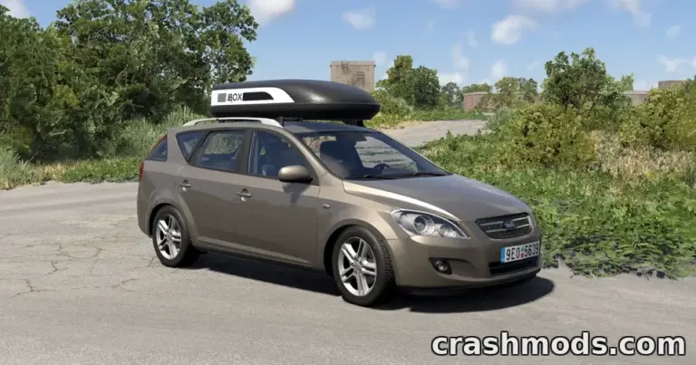 Kia Ceed (ED) 2006–2012 mod showcased in BeamNG.drive, featuring a sleek design and roof box on a scenic road.