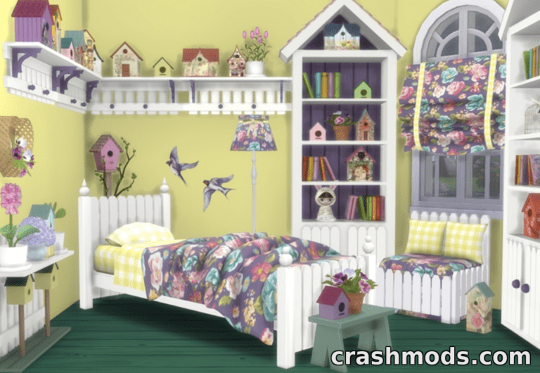 A vibrant kids' bedroom featuring floral bedding, colorful decor, and whimsical bird-themed accents in The Sims 4.